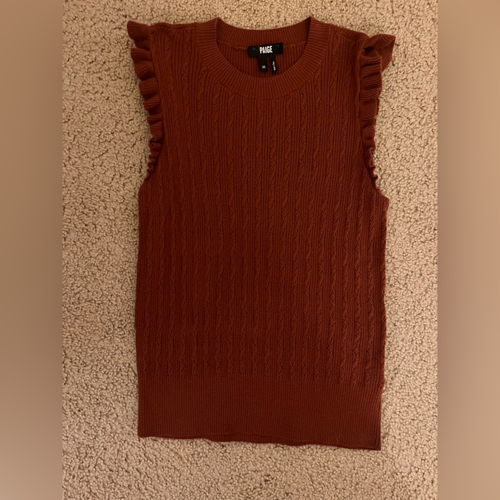 PAIGE Rich Brown Knit Top with ruffle cap sleeves